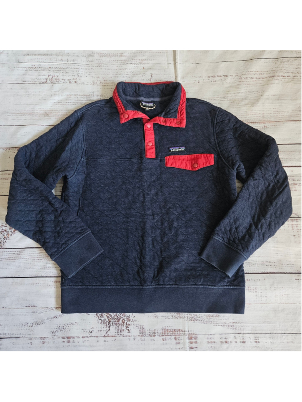 Patagonia Organic Cotton Quilted Snap-T Pullover Blue Red Mens Small Outdoor